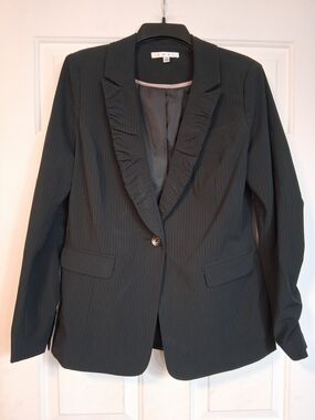 CAbi Black Pinstripe Ruffle Lapel Blazer Womens Size 10